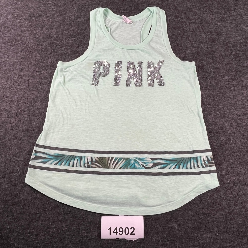 PINK Victoria's Secret Tank Top Womens Small Green Excellent Sequin Tropical